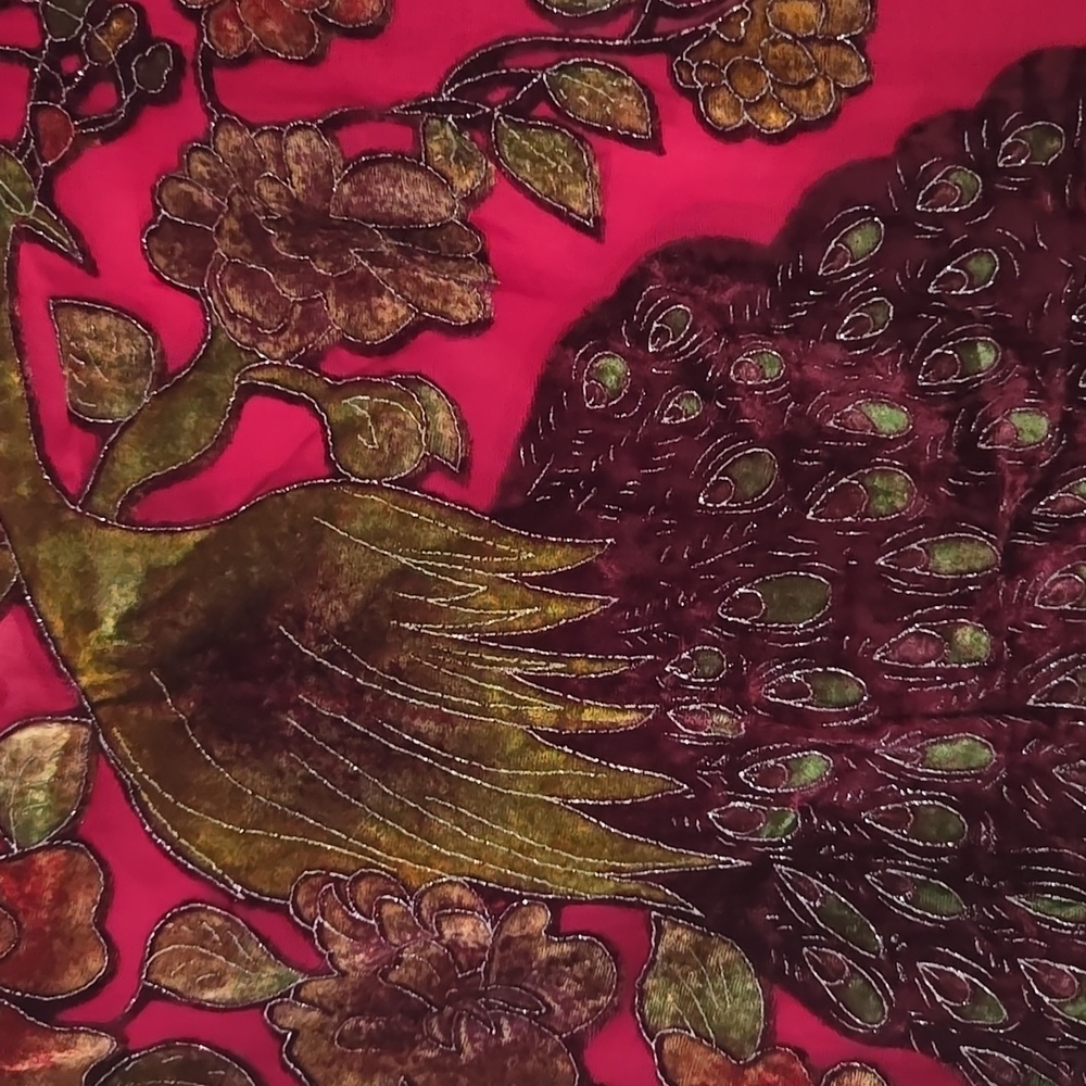 VINTAGE 90s Peacock Fringed Silk Velvet Burnout Shawl Scarf